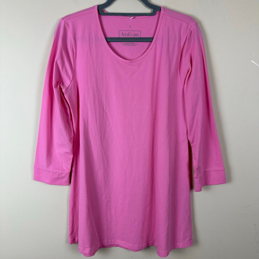AnaClare Womens Pink Tunic Top Size L Stretch 3/4 Sleeve Casual Basic Lounge